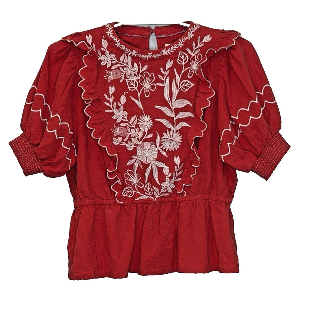 Umgee Boho Top Womens Size Large Red Embroidery Floral Print Short Puff Sleeve